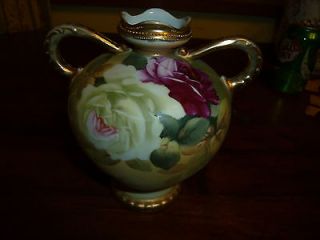 Nippon HP Matte Fuchsia & Ivory Rose Vase   Gold beading
