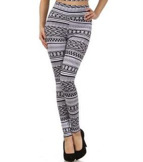 Womens Banded High Waist White & BlackTwo tone Aztec Leggings Tights