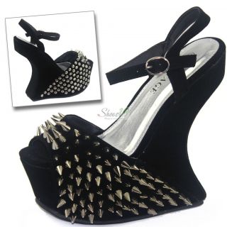 Black Sexy Platform Wedge Peep Toe High Heel Stud Spike Sandal Shoes