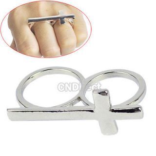 DN00 Cute Metal Adjustable Cross Knuckle Ring Exquisite Double Finger