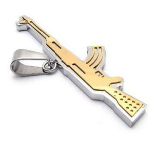 Gold Army Style Stainless Steel AK47 Rifle Gun Pendant Mens Necklace