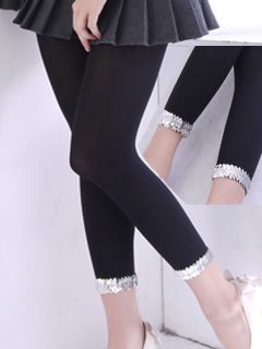 Black Opaque Footless Leggings Tights+Silver Glitter Paillette Trims