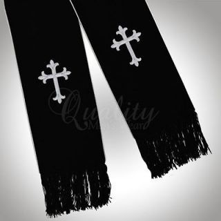 Clergy Stole Black White Cross Embroidery for Full Length Preacher