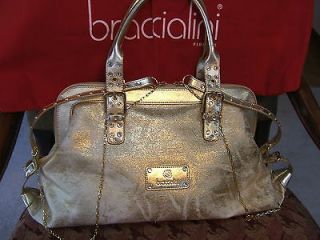 Unused BRACCIALINI Gold Canvass & Leather Bag, Crystals Chains Buckles
