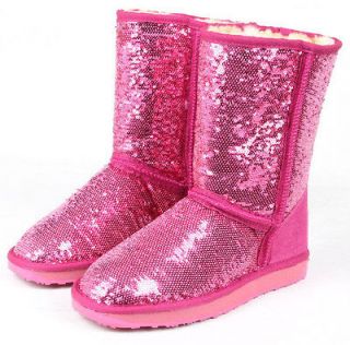 US 5 8 Leather Sequins Glitter Mid calf Winter Snow Boots womens flat