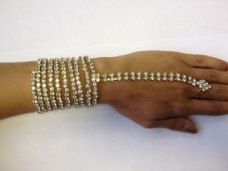 New Diamante Stone Bracelet Jewellery With Attached Finger Ring Golden