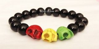 NEW Bling Hoops Rasta Skull Bracelet Bob Marley Skulls Beads Men Women