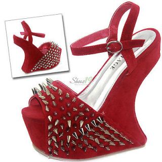 Red Sexy Platform Wedge Peep Toe High Heel Stud Spike Sandal Shoes