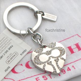 NWT COACH Crystal Pave Signature C Silver Heart Locket Key Chain Key