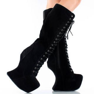 Black Suede Lace Up Heel Less Curved Wedge Platform Knee High Boots 9