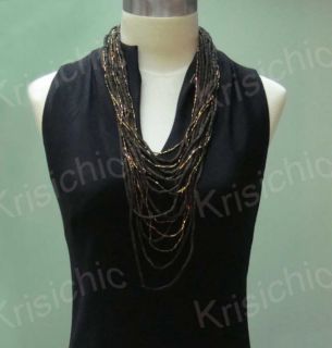Multi Strand Long Necklace Made of Wood and Glass Beads, 