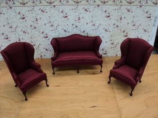 Miniature Dollhouse Sofa w/ 2 Chairs/Bespaq/ Mahogany & Burgundy