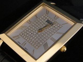 BL41  Japan Mens Vintage Gold Tone Crystal Watch Genuine Leather