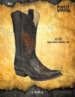 Corral Mens Genuine Caiman Patchwork Inlay Cowboy Western Boots