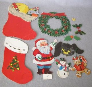 11 Vtg Christmas Cardboard Cut Outs Snowman Santa Stockings Holly