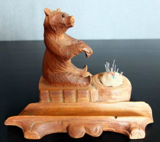 Antique German Black Forest Carved Bear Inkwell Pen Tray Made Into