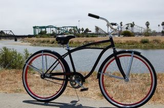 Brand New Black Beach Cruiser Bike Red Rims Fenders