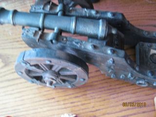 ANTIQUE CANNON Wood CARRIAGE & Metal CANNON BARREL 11 X 6, Wheels turn
