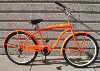  Beach Cruiser Bike 6 Speed Mans Orange w Fenders Alloy Rims