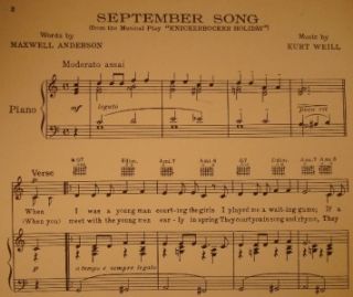Vintage 1938 September Song Sheet Music Kurt Weill