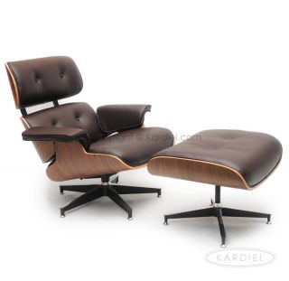 Lounge Chair Ottoman Brown Genuine Leather w Walnut Plywood Midcentury