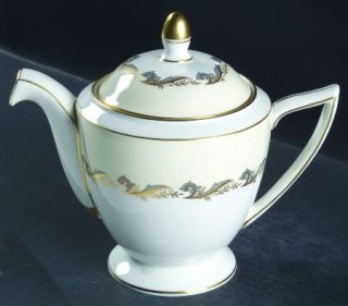 Minton Gold Laurentian Teapot & Lid, Fine China Dinnerware   Gold&Gray Scrolls&L