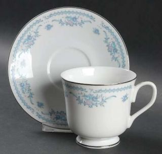 Sango Winsford Footed Cup & Saucer Set, Fine China Dinnerware   Blue & Pink Flow