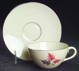 Lenox China Trio Flat Cup & Saucer Set, Fine China Dinnerware   Gray&Pink Leaves