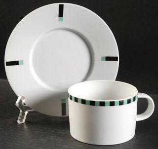 Sasaki China Register (Green & Black) Flat Cup & Saucer Set, Fine China Dinnerwa