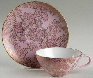Dorothy Thorpe Dot3 Flat Cup & Saucer Set, Fine China Dinnerware   Pink/Gold/Whi