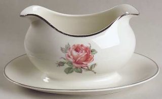 Ancestral   Am Hostess Manor Rose Platinum Trim Gravy Boat with Attached Underpl
