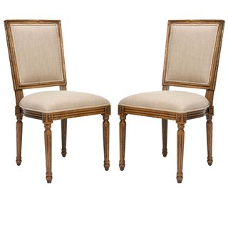 Safavieh Preston Carved Oak Side Chairs (set Of 2) (Light beigeMaterials: Cotton, oak woodFinish: Oak Seat height: 19 inchesDimensions: 38.5 inches high x 23 inches wide x 18.5 inches deepNumber of boxes this will ship in: One (1)Chairs arrive fully assem
