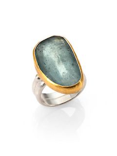 GURHAN Moss Aquamarine, 24K Yellow Gold and Sterling Silver Ring  