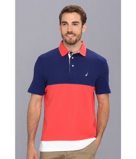 Nautica Performance Tech Pique Color Block Polo Shirt Mens Short Sleeve Pullover (Blue)