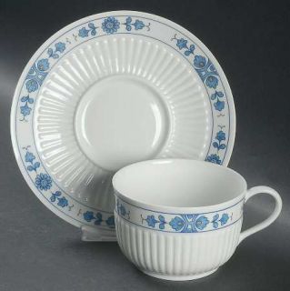 Ceralene Medicis (Blue) Flat Cup & Saucer Set, Fine China Dinnerware   Blue Flow