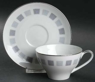 Noritake Arroyo Flat Cup & Saucer Set, Fine China Dinnerware   Gray Blocks, Whit