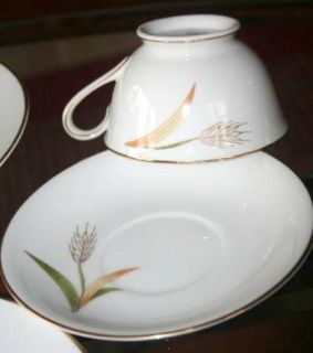 Sango Harvest Footed Cup & Saucer Set, Fine China Dinnerware   Gold Wheat,Tan&Gr