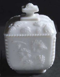 Westmoreland Paneled Grape Milk Glass Beaded Square Puff Box with Lid   Stem 188