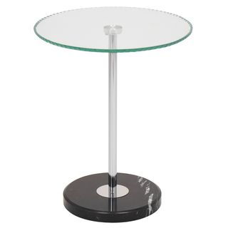 Ripple Modern End Table (Black Finish: Shiny chromed metal stem and polished black marble base Glass: 17.5 inch diameterBase: 11.5 inch diameterOverall dimensions: 21.75 inches high x 17.5 inch diameter top x 11.75 inch diameter baseNumber of shelves: One