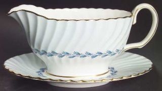 Minton Cheviot Blue Gravy Boat with Attached Underplate, Fine China Dinnerware  