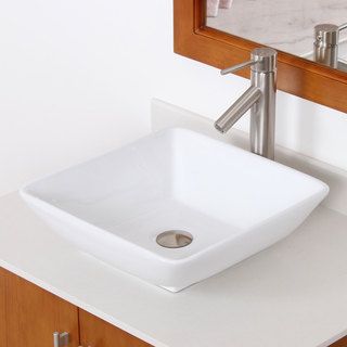 Elite High Temperature Brushed Nickel Square Ceramic Bathroom Sink Faucet Combo (White Interior/Exterior: Both Dimensions: 16.5 inches long x 16.5 inches wide x 5 inches high Faucet settings: Tall vessel style faucet Type: Bathroom sink Material: High tem