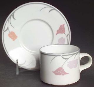 Dansk Belles Fleurs Gray Flat Cup & Saucer Set, Fine China Dinnerware   Tivoli,P