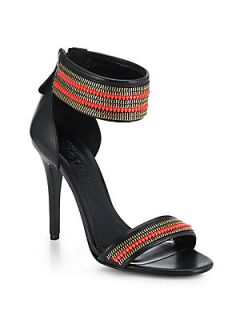 Alexander McQueen Leather Embellished Ankle Strap High Heel Sandals   Black Gold