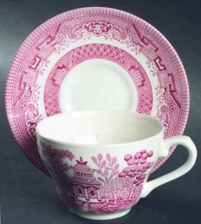 Churchill China Willow Rosa (Pink)(England) Flat Cup & Saucer Set, Fine China Di