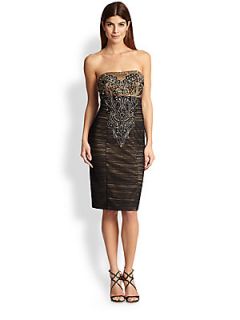 Sue Wong Strapless Ruched & Beaded Dress   Black Gold