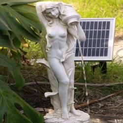 Standing Girl Pond Fountain With Solar Pump Kit (Off whiteSolar Module: Multi crystalline silicon 2 watt solar cells DC Brushless pump operation voltage: 6 to 12 volt DC with 16.4 feet cable Water lift: 27.55 inches Statue dimension: 6 inches long x 15 in