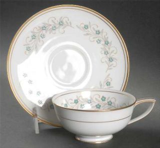 Noritake Ensley Footed Cup & Saucer Set, Fine China Dinnerware   Green Flowers &