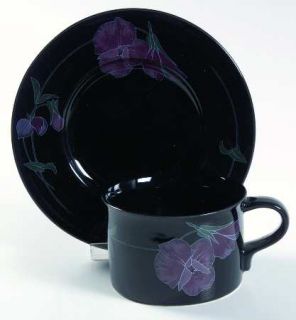Mikasa Night Tango Flat Cup & Saucer Set, Fine China Dinnerware   Purple Flowers