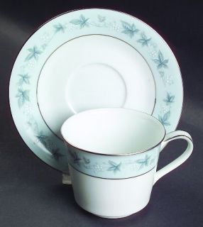 Noritake Bluecourt Flat Cup & Saucer Set, Fine China Dinnerware   Pale Blue Band