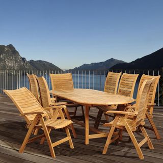 Mandy Light Brown Teak Wood 9 piece Dining Set (Light brownMaterials 100 percent solid teakFinish TeakCushions included NoWeather resistant YesUV protection YesIncludes ia wood preservative for longest strap durabilityTable dimensions 29 inche